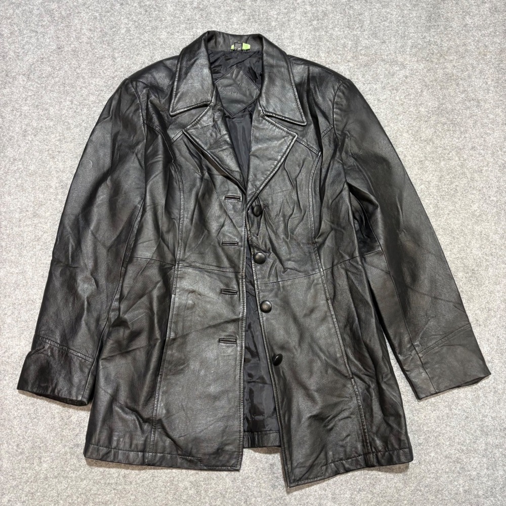 Jaclyn Smith Womens Black Leather Blazer Jacket Button Front Coat Medium